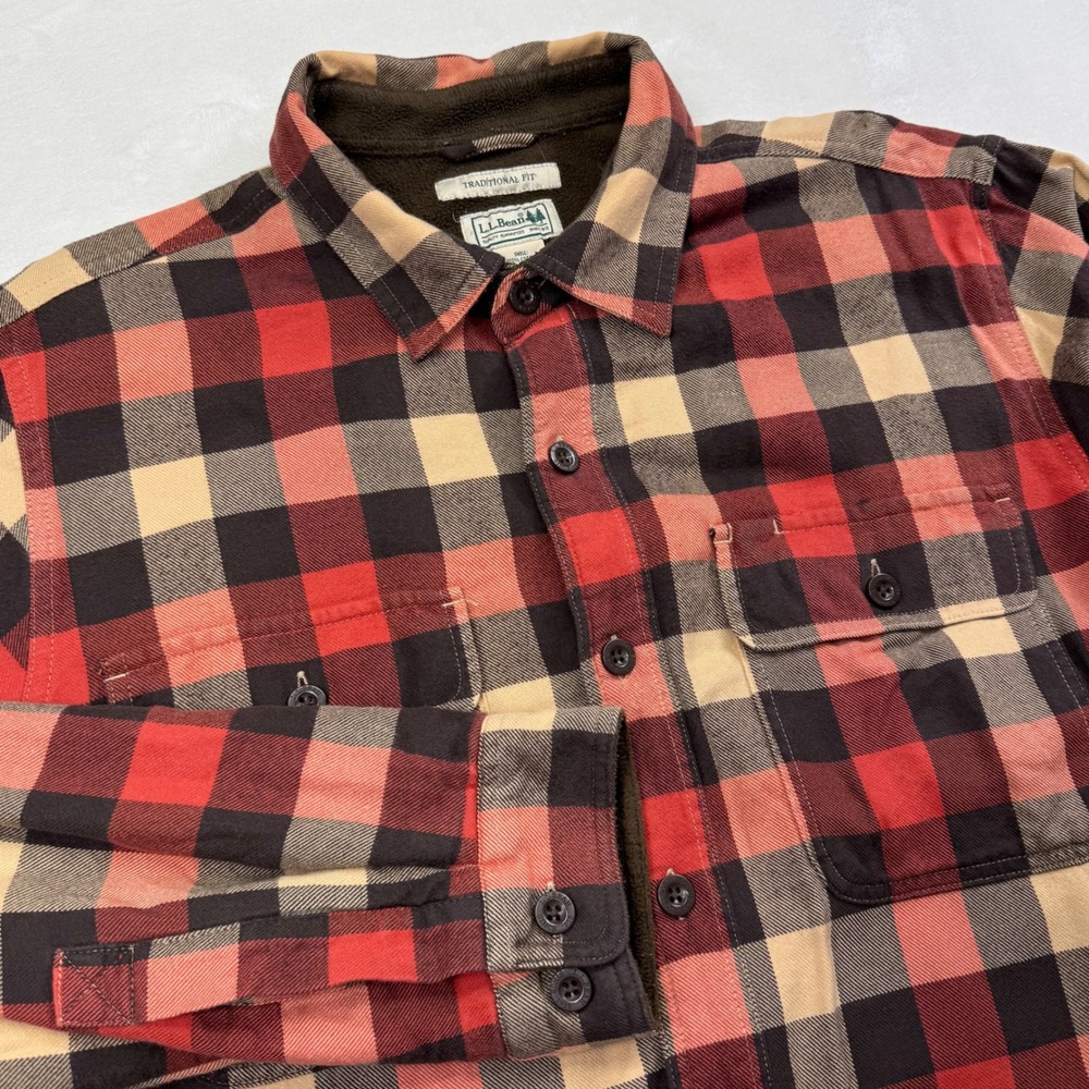 LL Bean Mens Red Plaid Fleece Lined Flannel Shirt Jacket Trad Fit Large